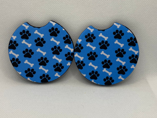 Blue Paw Print And Dog Bone Car Coasters